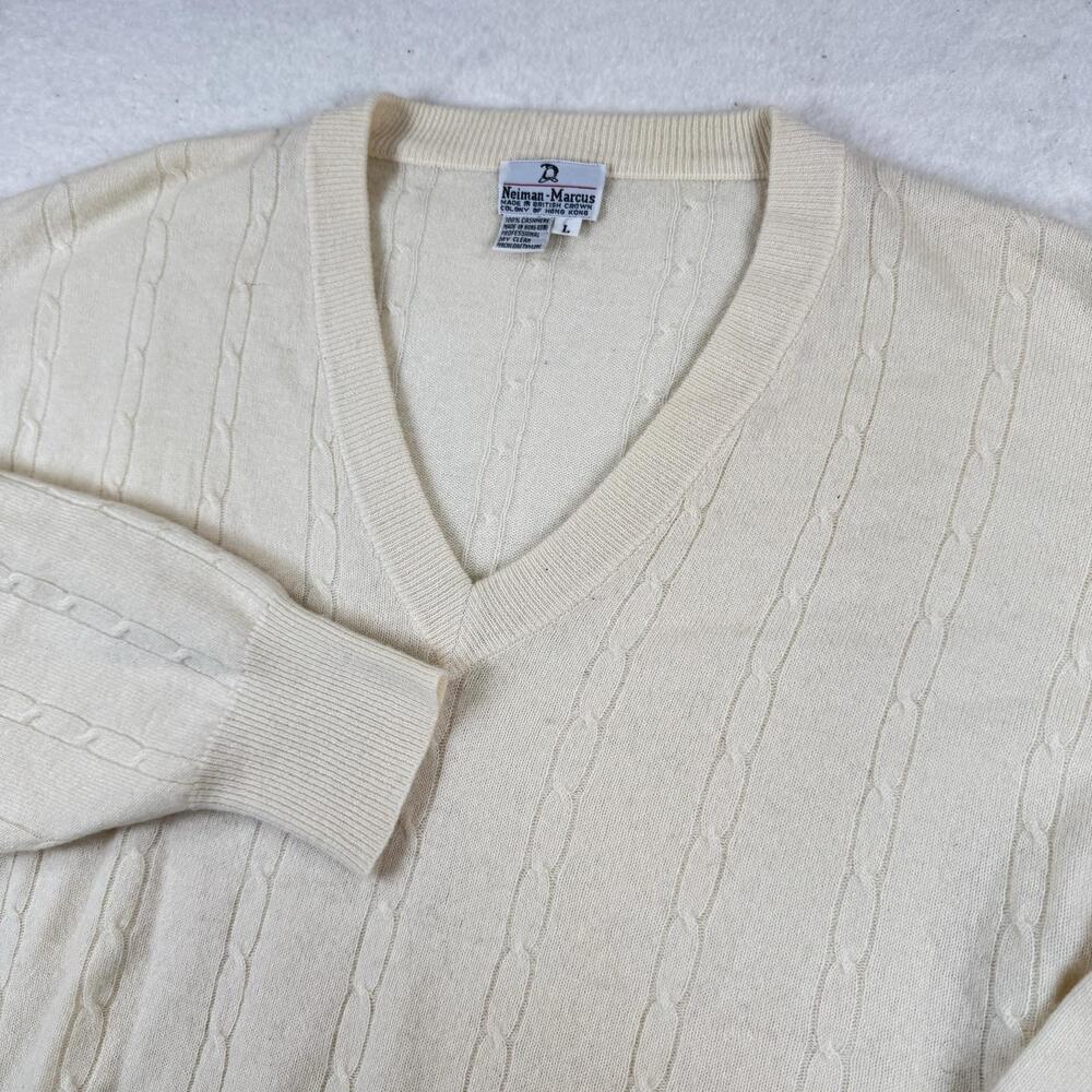 Neiman Marcus Sweater Mens Size L White Cable Knit Cashmere V-Neck Vintage